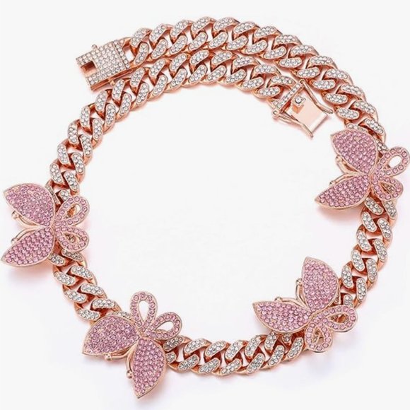Rose Gold Pink Pave Butterflies 18" Iced Miami Cuban Link Necklace Bling New - Picture 1 of 8